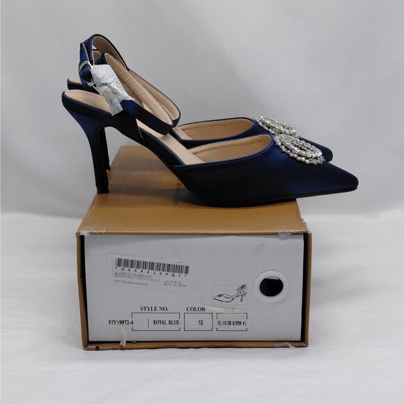 Perphy Womens Heels Size 10 Blue Satin Rhinestone Slingback Cocktail Pumps Shoe - Picture 3 of 12